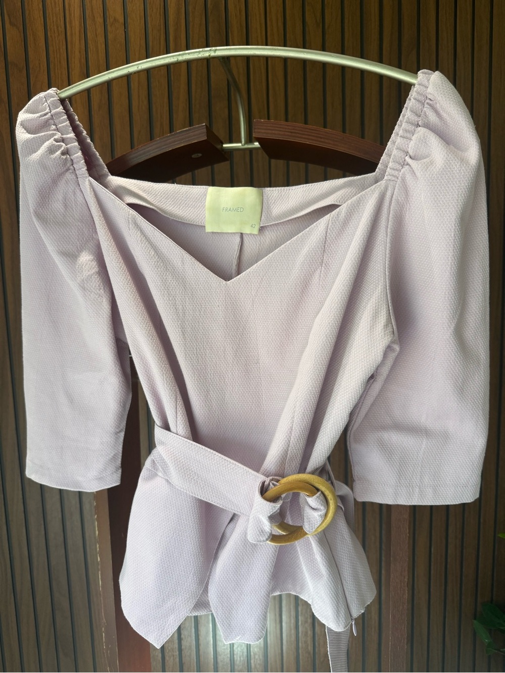 FRAME Lavender Textured Peplum Top with Wooden Buckle Belt